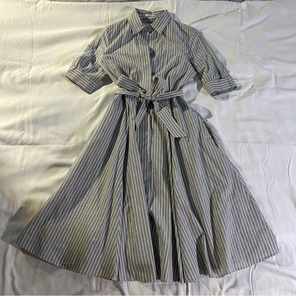 Calvin Klein Gray Striped Long Sleeve Dress